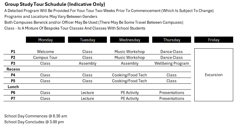 Indicative Study Tour Schedule